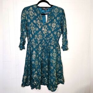 Liza‎ Byrd Teal Gold Short V-Neck 3/4  Sleeve Floral Fit And Flare Dress XS NWT